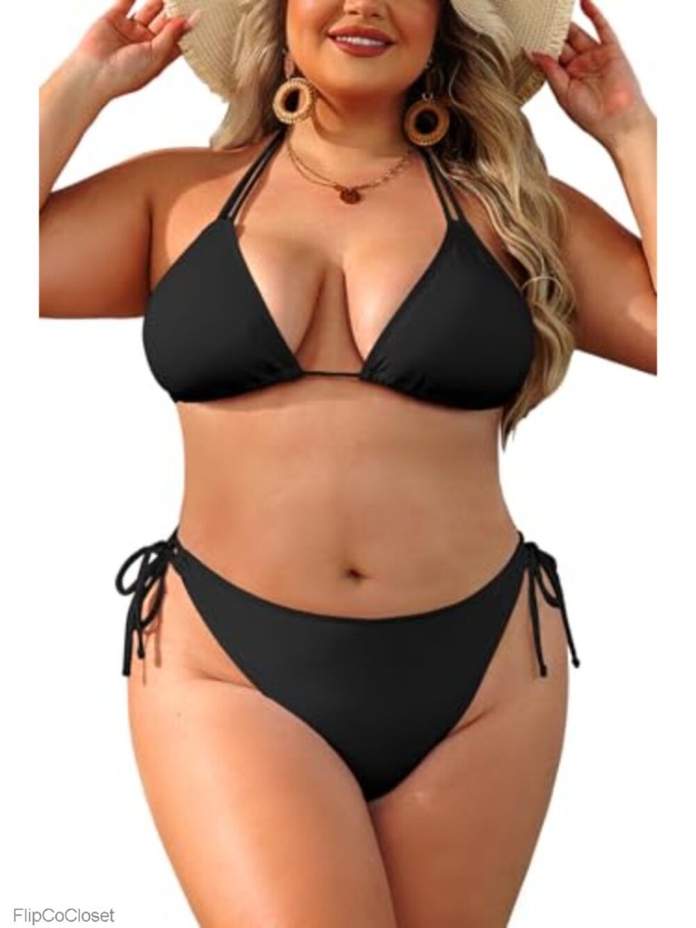 Plus Size Triangle Bikini Set Double Straps Halter